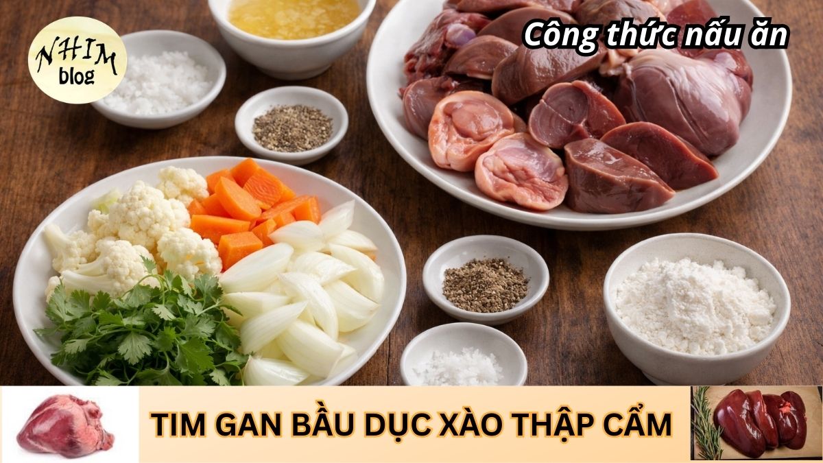 Tim gan bầu dục lợn xào thập cẩm